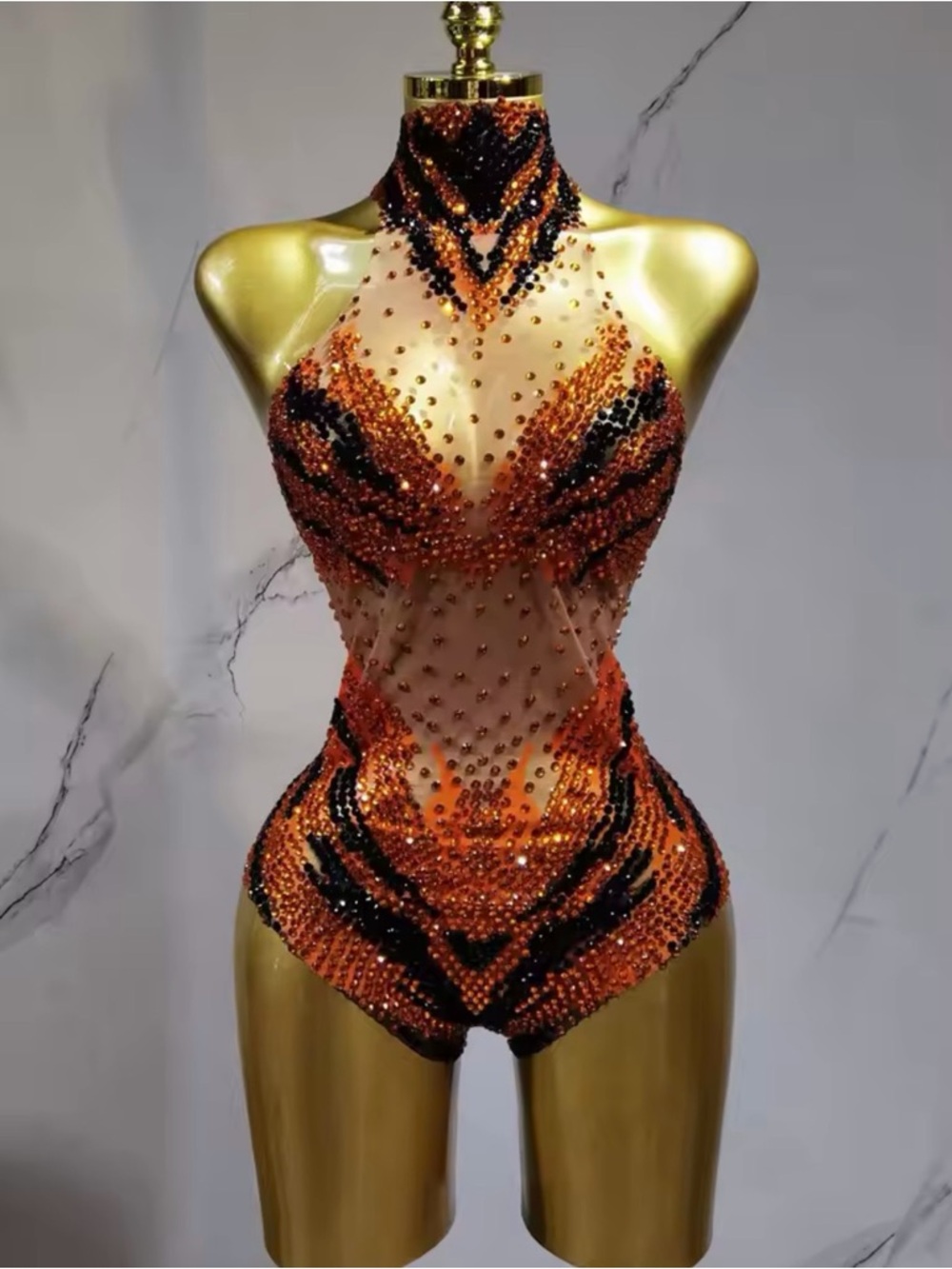 Embellished Orange & Black Tiger Sheer Bodysuit